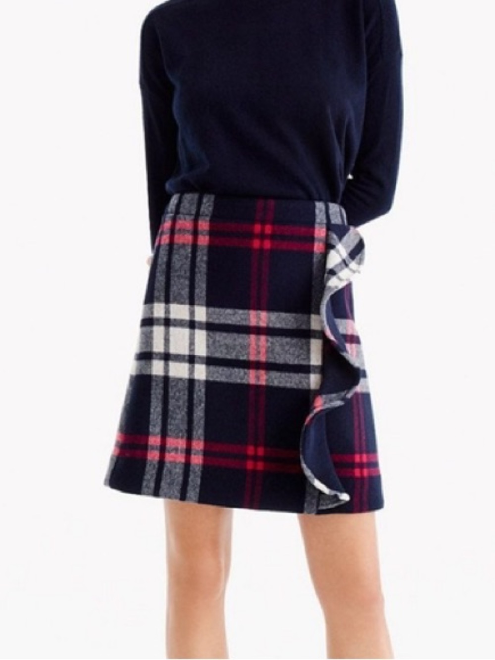 J. Crew Navy Red Plaid A-Line Wool Blend Skirt Side Ruffle Size 4 Small Medium